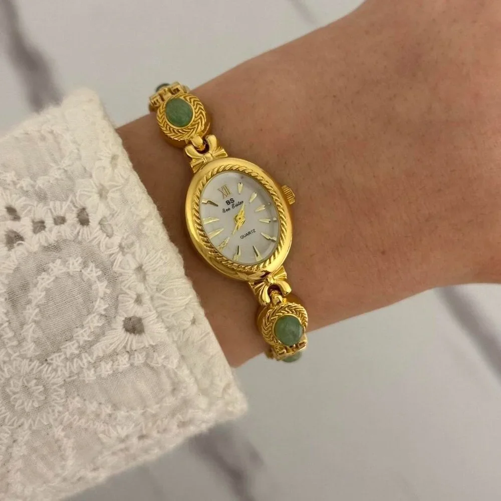 SKU:0018 gold mini watch bracelet with green natural stone inserts vintage style